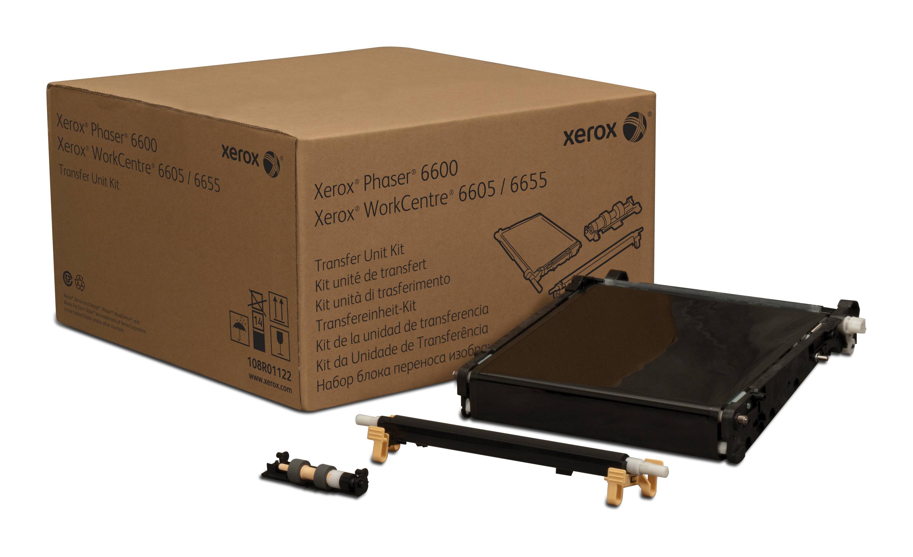 Xerox Phaser 6600/WorkCentre 6655 Transfereinheit-Kit in einer Box, mit der schwarzen Transfereinheit und klein angebrachten Teilen, die davor ausgelegt sind.