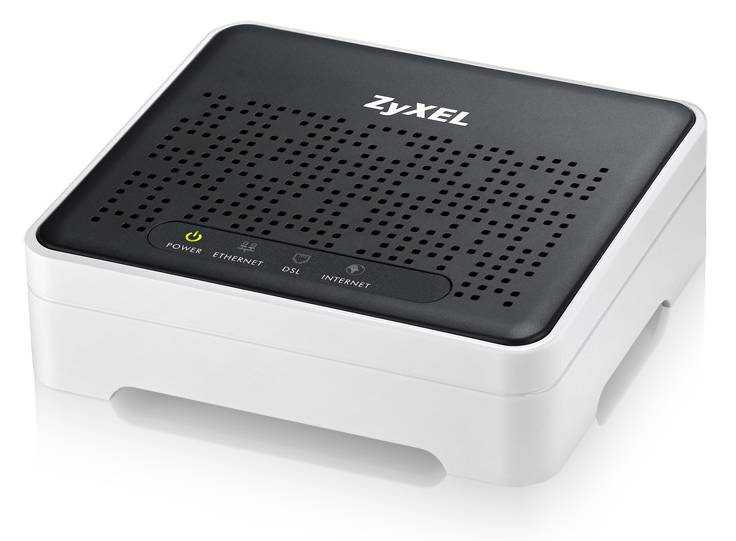 Zyxel Modem/Router mit schwarzem Bedienfeld, Belüftungslöchern und Statusleuchten auf weißer Basis.