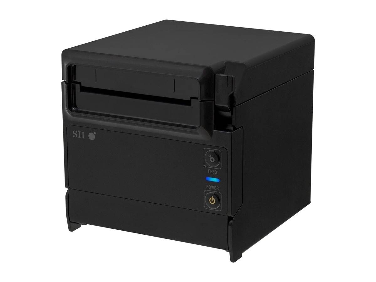 Schwarzer SII-Thermodrucker für Quittungen in Vorderlinksansicht auf weißem Hintergrund.