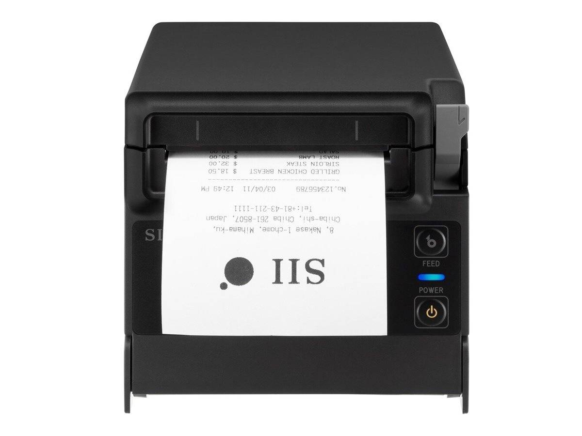 Ein schwarzer Thermodrucker druckt eine Quittung aus, wobei Vorschub- und Stromschalter auf der Vorderseite sichtbar sind.