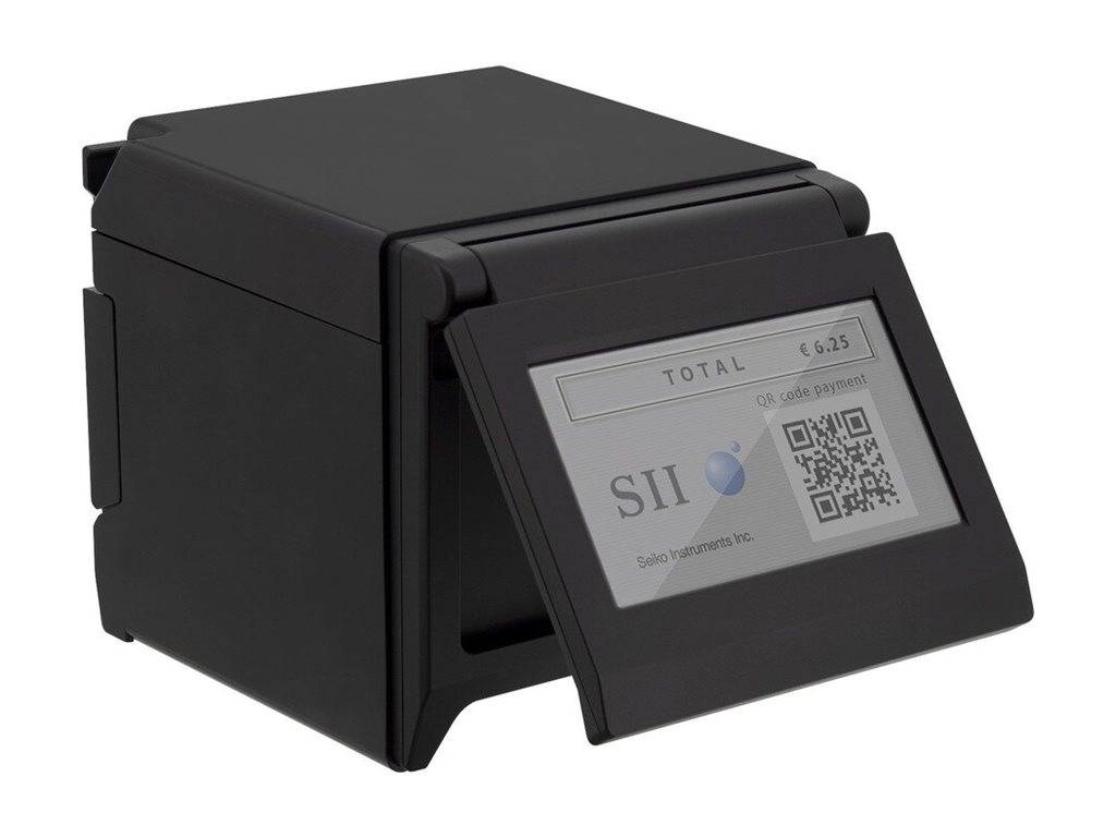 Schwarzer Bondrucker mit geneigtem Touchscreen, der eine Summe von 425 € anzeigt, SII-Logo und einen QR-Code.