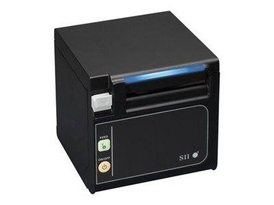 Schwarzer Thermodrucker für Quittungen mit Vordereingabeschacht, Einschaltknopf und Statusleuchten.
