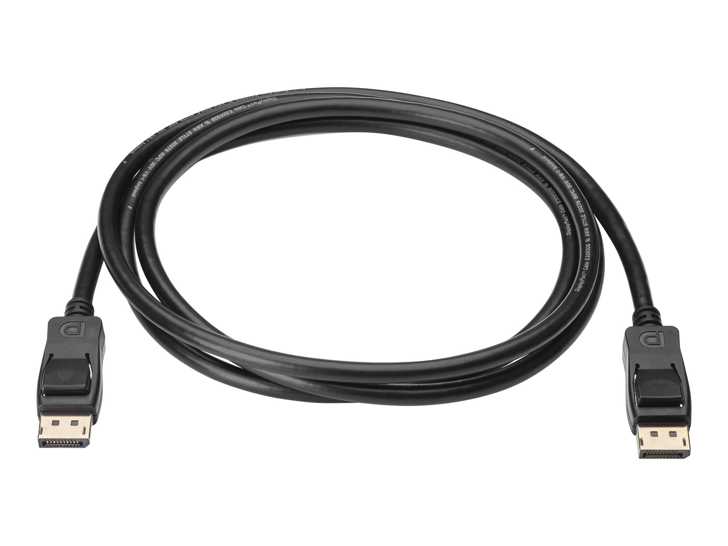 Schwarzes DisplayPort-Kabel mit Anschlüssen an beiden Enden, aufgerollt auf weißem Hintergrund.