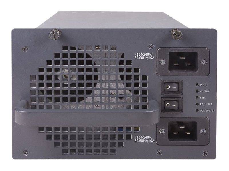 Rückansicht einer schwarzen Stromversorgungseinheit mit Kühlerlüftergitter, zwei AC-Eingangsbuchsen, zwei Ein-/Aus-Schaltern und LED-Statusanzeigen für Ein-/Ausgang und PoE.