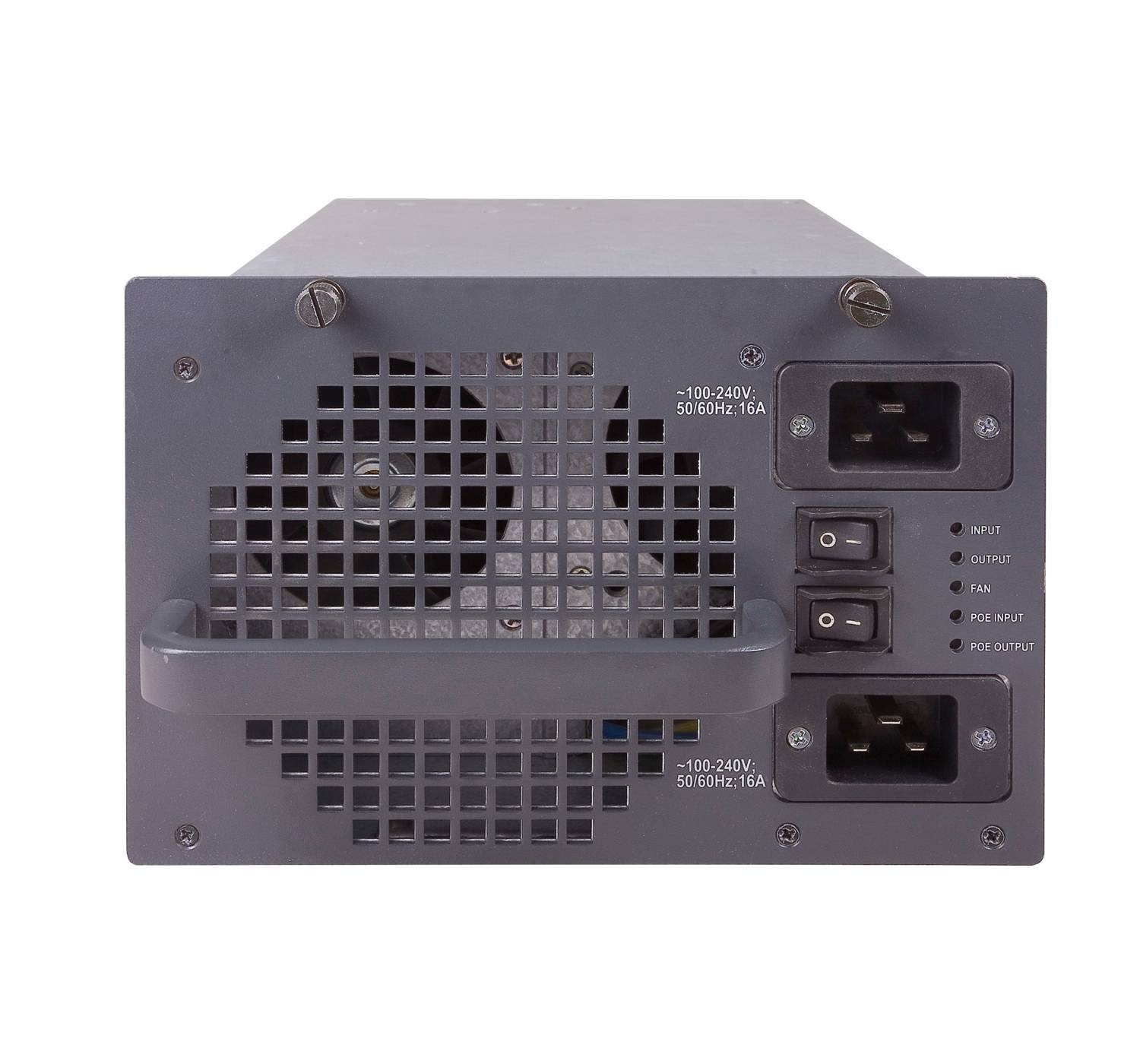 Rückansicht eines Rack-Style-Netzteils mit Kühlerlüftergitter, zwei IEC-Stromanschlüssen und zwei Ein-/Aus-Schaltern mit Statusanzeigen.