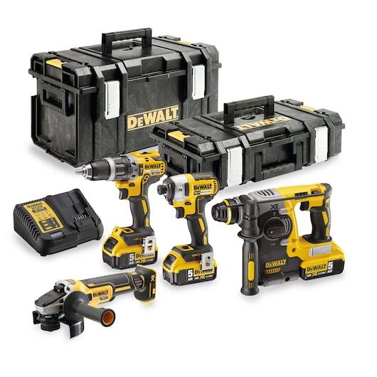 DeWalt Akku-Werkzeugsatz mit zwei Aufbewahrungskoffern, Akkuladegerät, zwei Bohrmaschinen, Elektro-Abbruchhammer und Winkelschleifer auf weißem Hintergrund.