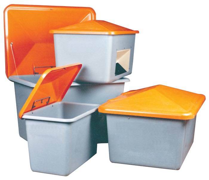 Streugutbehälter L1340xB990xH960mm 700l GFK grau/orange m.Entnahmeöffnung