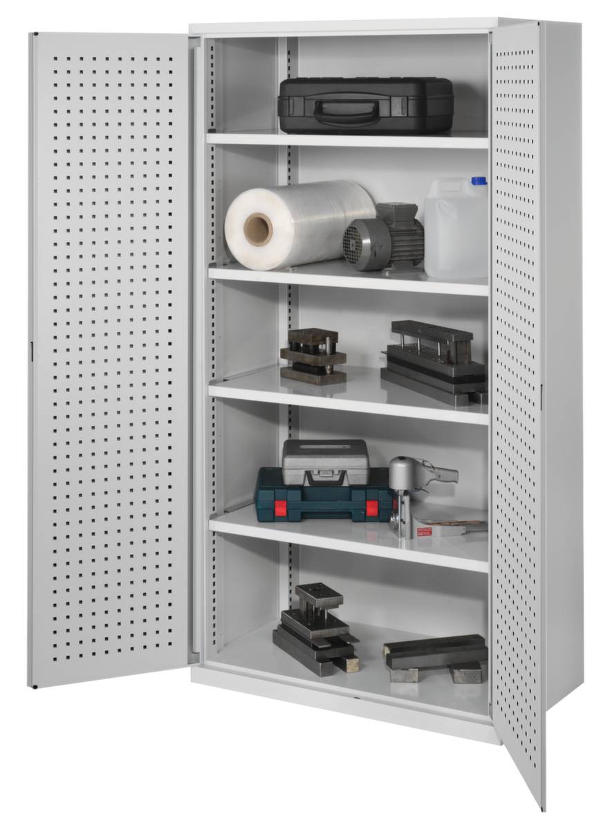 Schwerlast-Lochplattenschrank,HxBxT 1950x1000x600mm,4xStahlboden,Zyl.-Schl.,Sockel,Korpus RAL7035,Front RAL7035