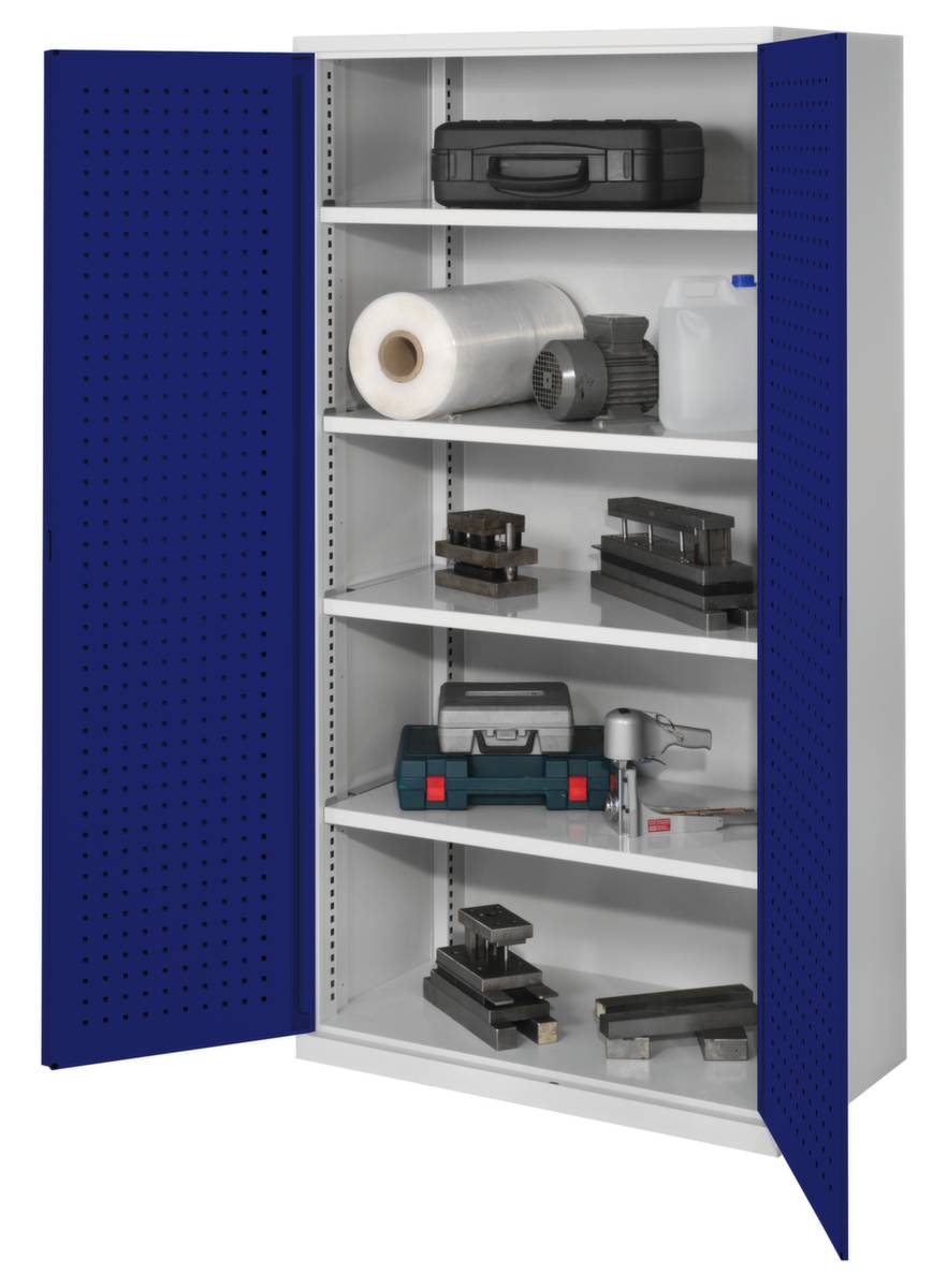 Schwerlast-Lochplattenschrank,HxBxT 1950x1000x600mm,4xStahlboden,Zyl.-Schl.,Sockel,Korpus RAL7035,Front RAL5010