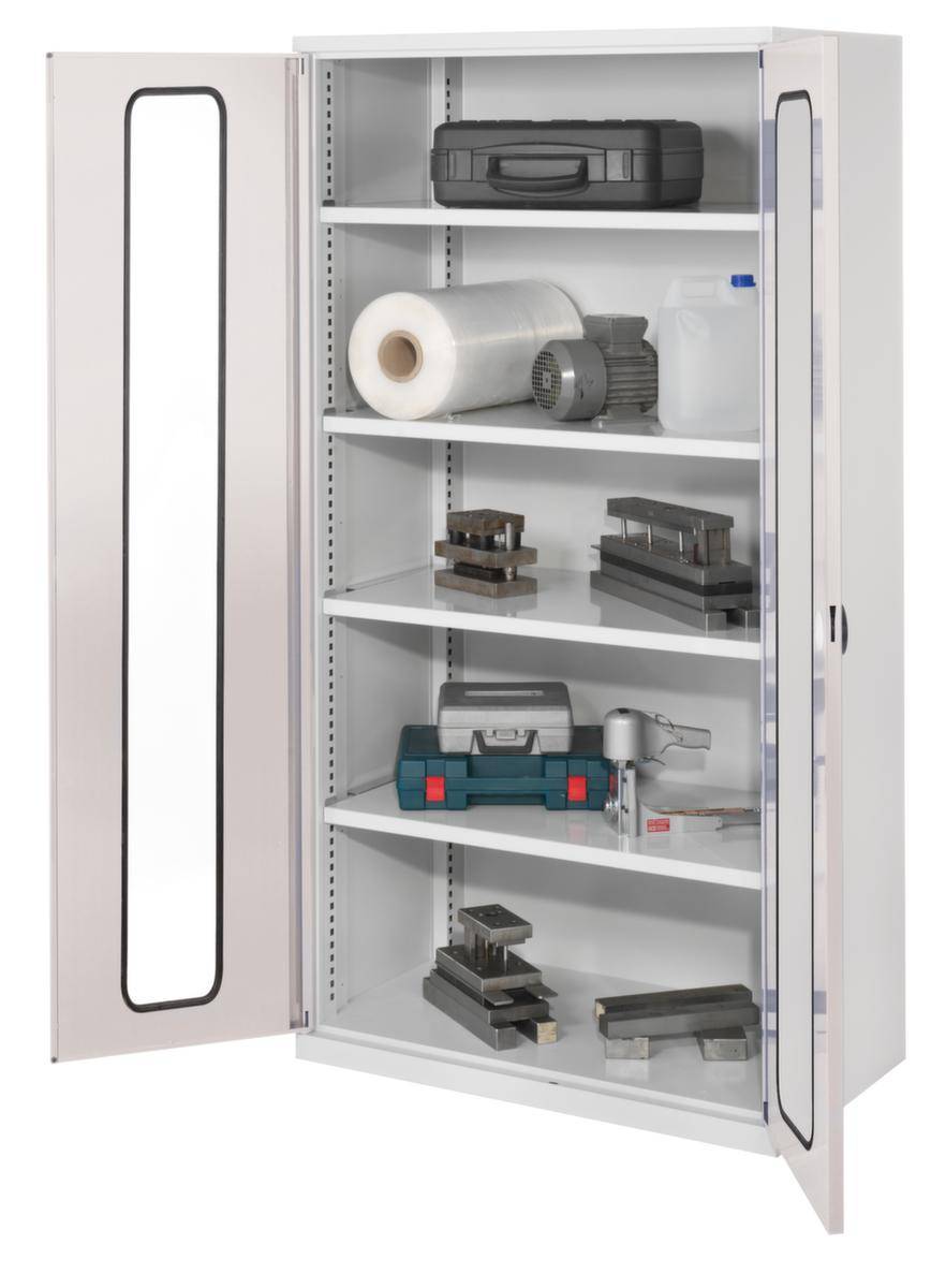 Schwerlast-Sichtfensterschrank,HxBxT 1950x1000x600mm,4xStahlboden,Zyl.-Schl.,Sockel,Korpus RAL7035,Front RAL7035