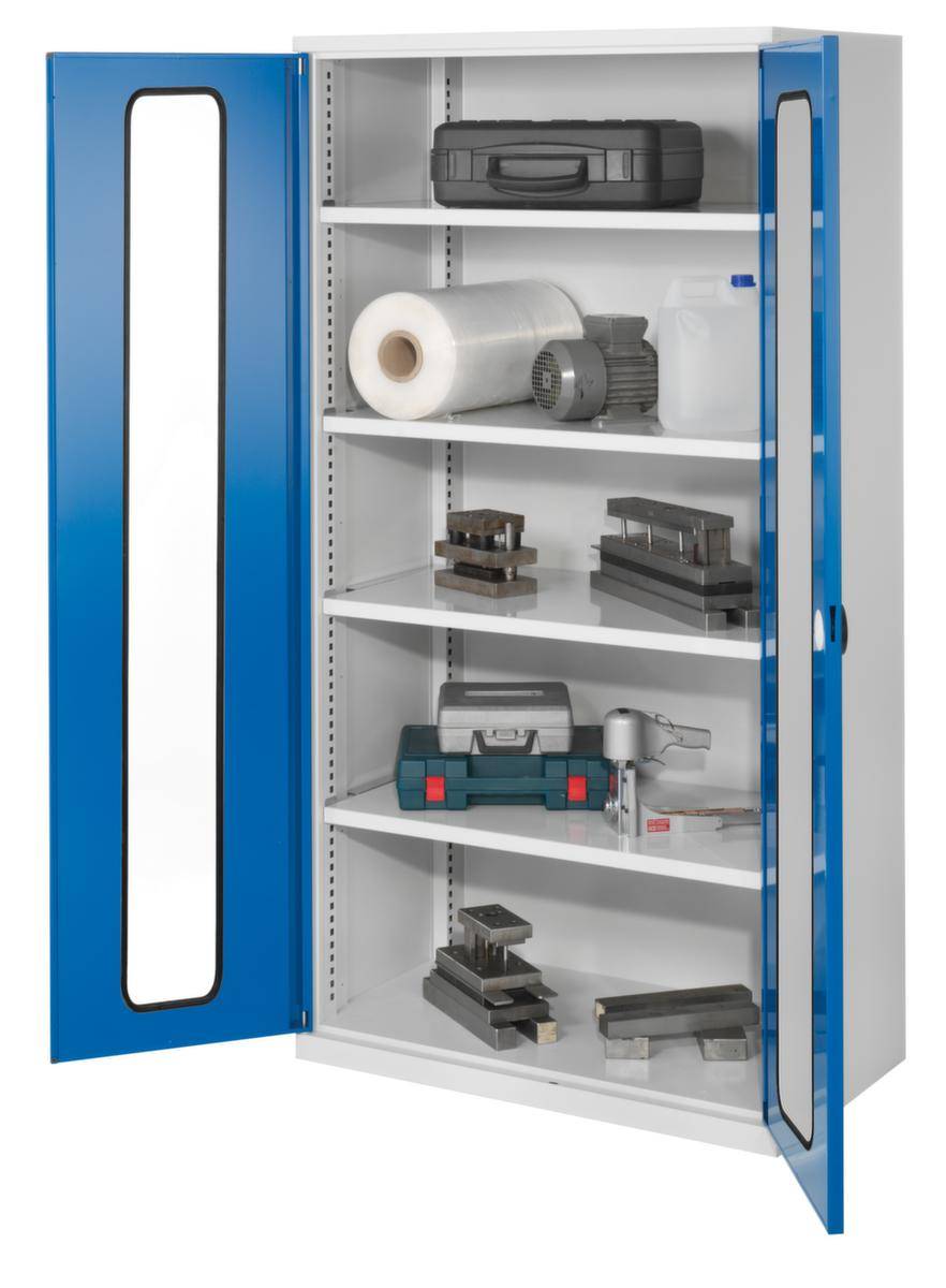 Schwerlast-Sichtfensterschrank,HxBxT 1950x1000x600mm,4xStahlboden,Zyl.-Schl.,Sockel,Korpus RAL7035,Front RAL5010