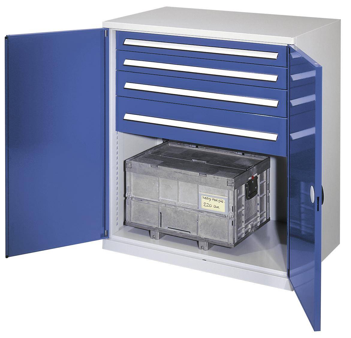 Schwerlast-Flügeltürenschrank,HxBxT 1110x1000x600mm,0xStahlboden,4 Schublade(n),Zyl.-Schl.,Sockel,Korpus RAL7035