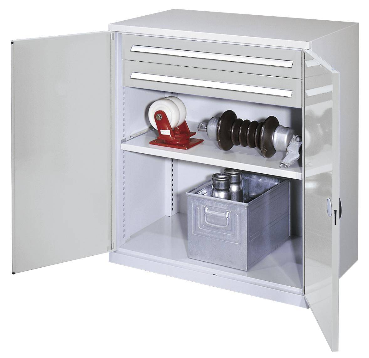 Schwerlast-Flügeltürenschrank,HxBxT 1110x1000x600mm,1xStahlboden,2 Schublade(n),Zyl.-Schl.,Sockel,Korpus RAL7035