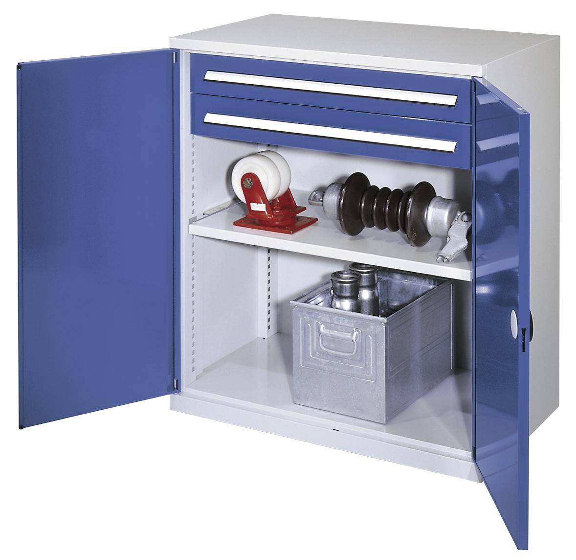 Schwerlast-Flügeltürenschrank,HxBxT 1110x1000x600mm,1xStahlboden,2 Schublade(n),Zyl.-Schl.,Sockel,Korpus RAL7035