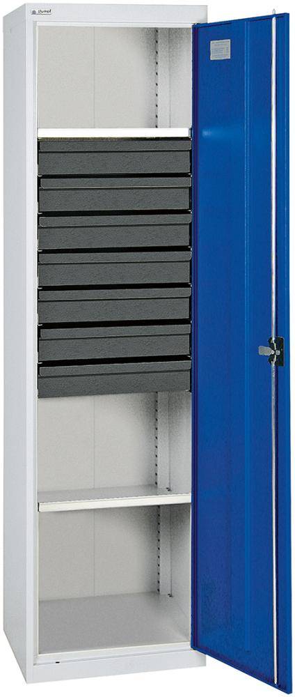 Werkzeugschrank B500xT500xH1800 mm RAL 7035/5010 7 Schubladen, 2 Wannen