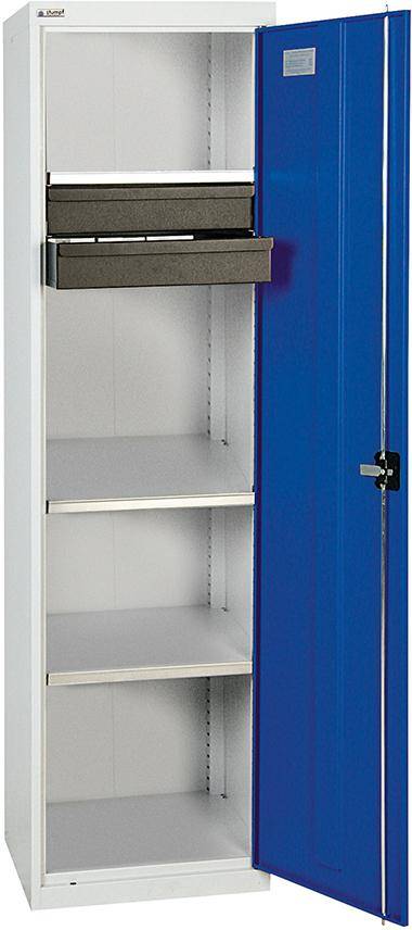 Werkzeugschrank B500xT500xH1800 mm RAL 7035/5010 2 Schubladen, 3 Wannen