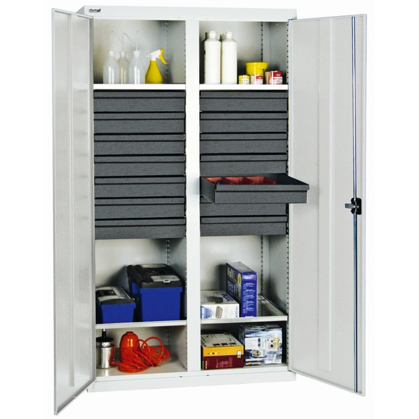 Werkstattschrank,HxBxT 1800x1000x500mm,4xStahlboden,14 Schublade(n),Mitteltrennwand,Zyl.-Schl.,Sockel,Korpus RAL7035 Werkstattschrank,HxBxT 1800x1000x500mm,4xStahlboden,14 Schublade(n),Mitteltrennwand,Zyl.-Schl.,Sockel,Korpus RAL7035