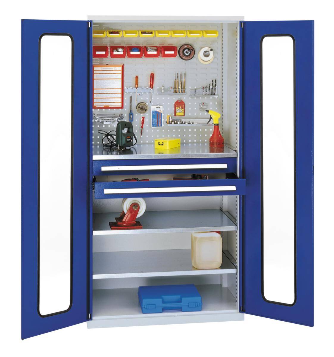 Werkstattschrank,HxBxT 1950x1000x600mm,3xStahlboden,2 Schublade(n),Zyl.-Schl.,Sockel,Korpus RAL7035,Front RAL5010