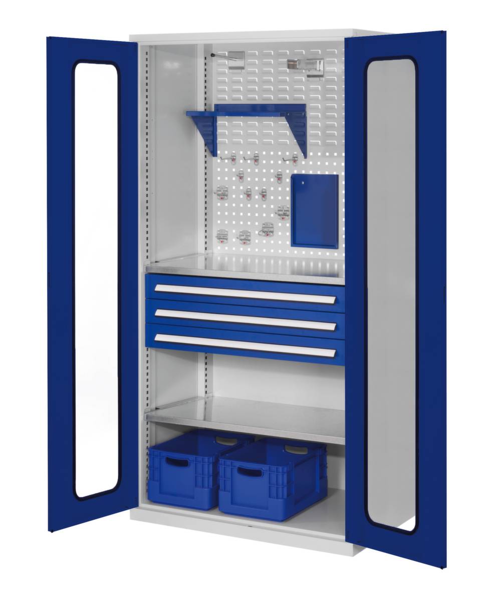 Werkstattschrank,HxBxT 1950x1000x600mm,2xStahlboden,3 Schublade(n),Zyl.-Schl.,Sockel,Korpus RAL7035,Front RAL5010