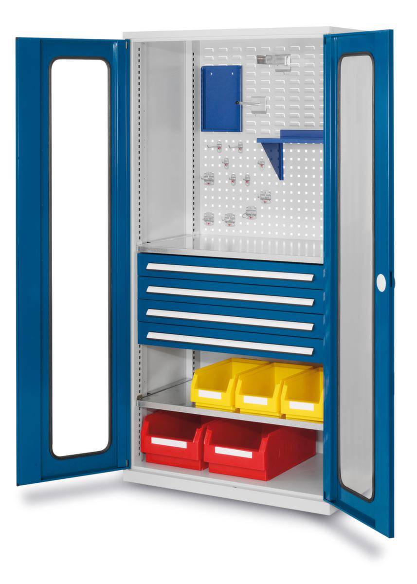 Werkstattschrank,HxBxT 1950x1000x600mm,2xStahlboden,4 Schublade(n),Zyl.-Schl.,Sockel,Korpus RAL7035,Front RAL5010