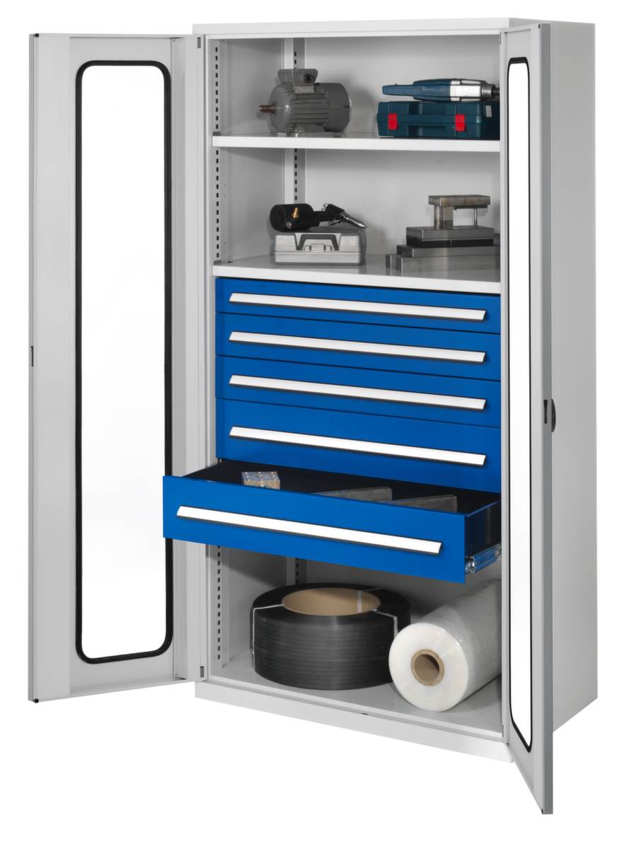 Systemschrank,HxBxT 1950x1000x600mm,2xStahlboden,5 Schublade(n),Zyl.-Schl.,Sockel,Korpus RAL7035,Front RAL7035