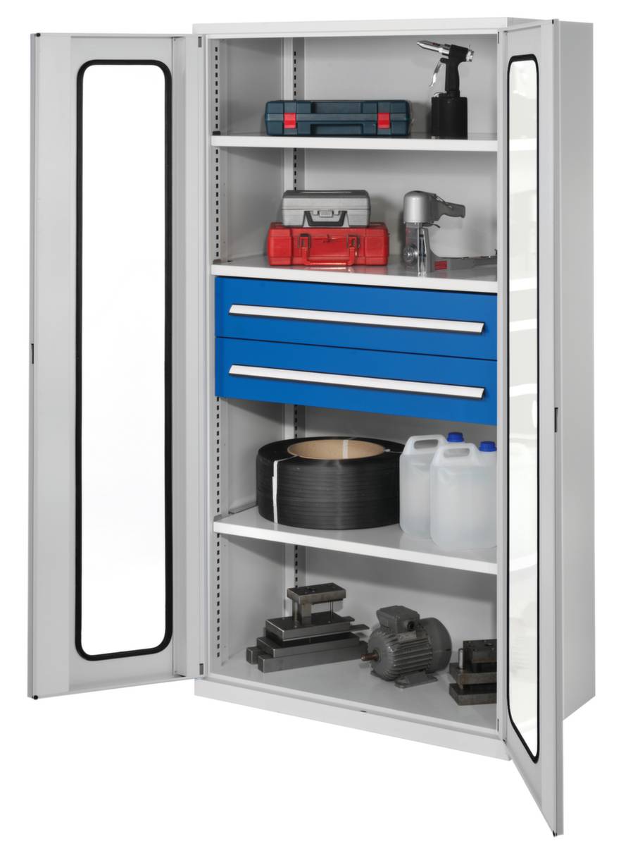 Systemschrank,HxBxT 1950x1000x600mm,3xStahlboden,2 Schublade(n),Zyl.-Schl.,Sockel,Korpus RAL7035,Front RAL7035