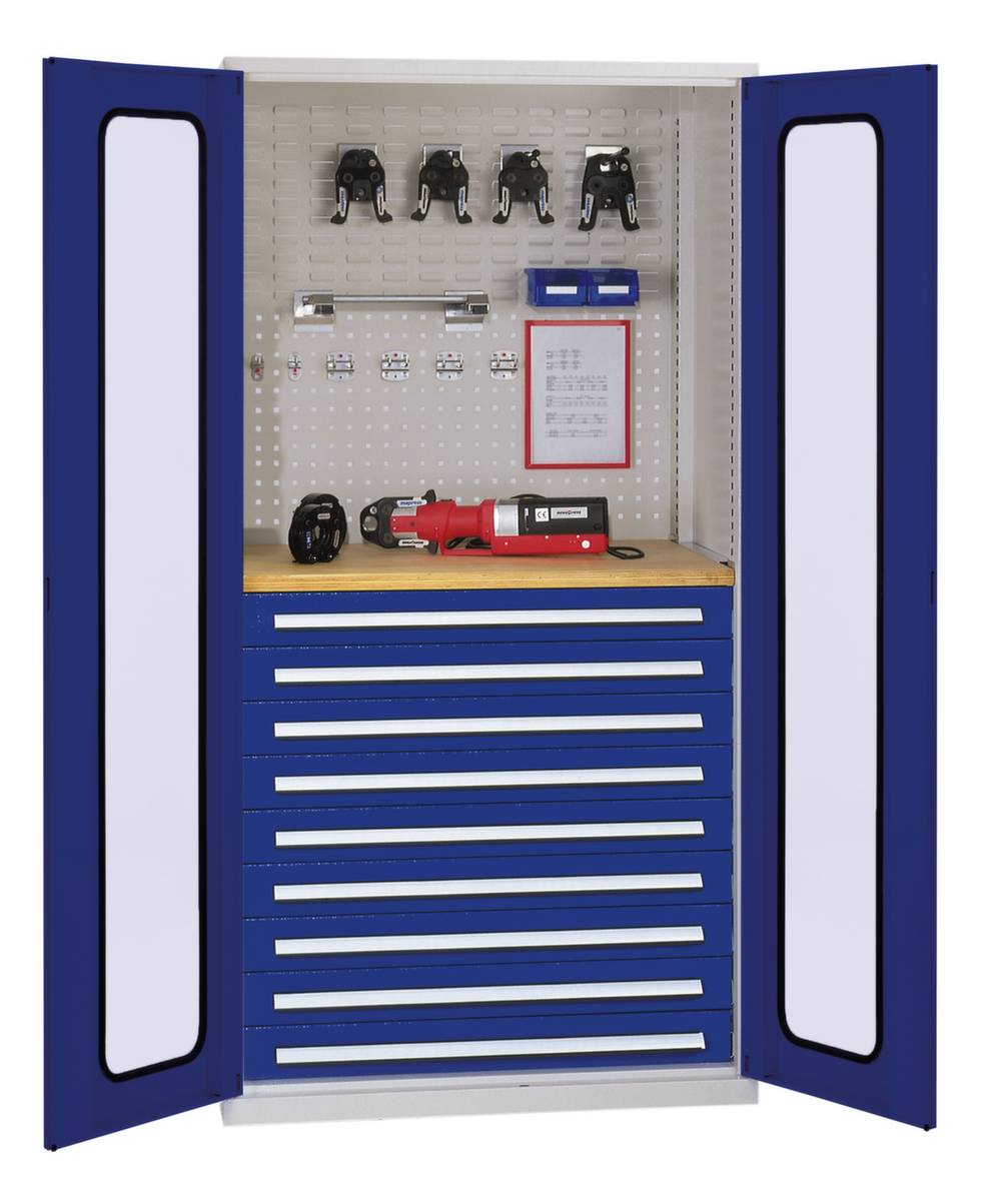 Werkstattschrank,HxBxT 1950x1000x600mm,9 Schublade(n),m. Werkbankplatte,Zyl.-Schl.,Sockel,Korpus RAL7035,Front RAL5010