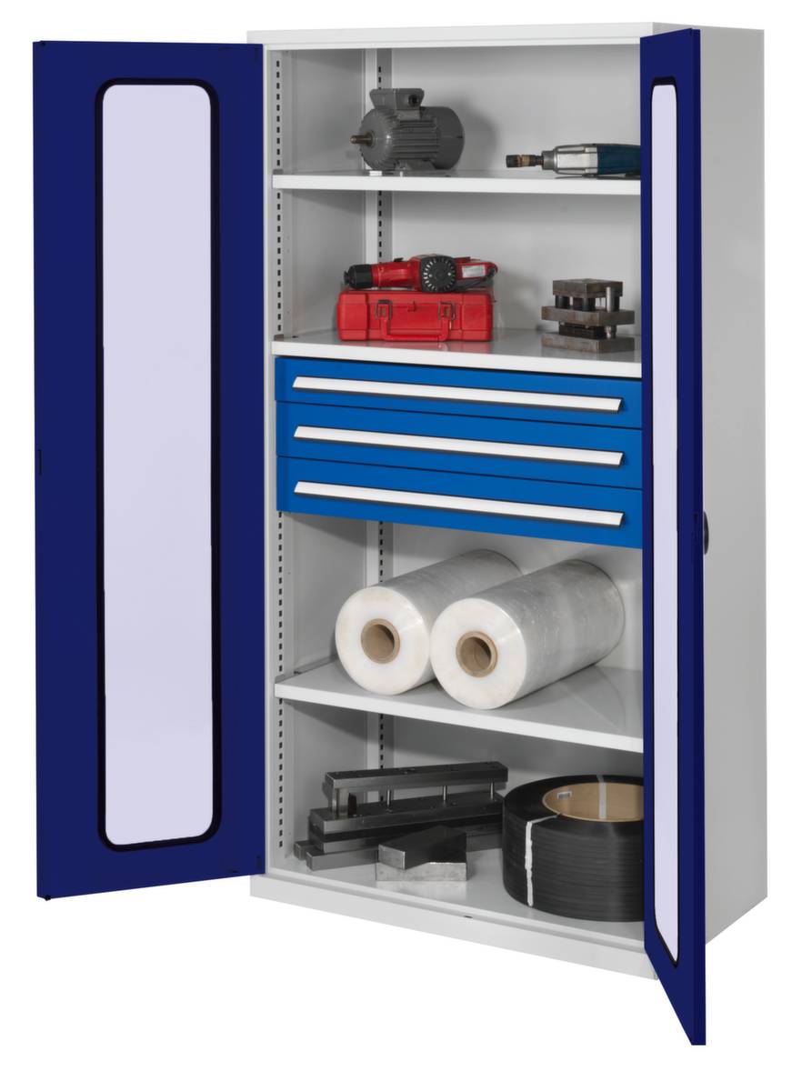 Systemschrank,HxBxT 1950x1000x600mm,3xStahlboden,3 Schublade(n),Zyl.-Schl.,Sockel,Korpus RAL7035,Front RAL5010