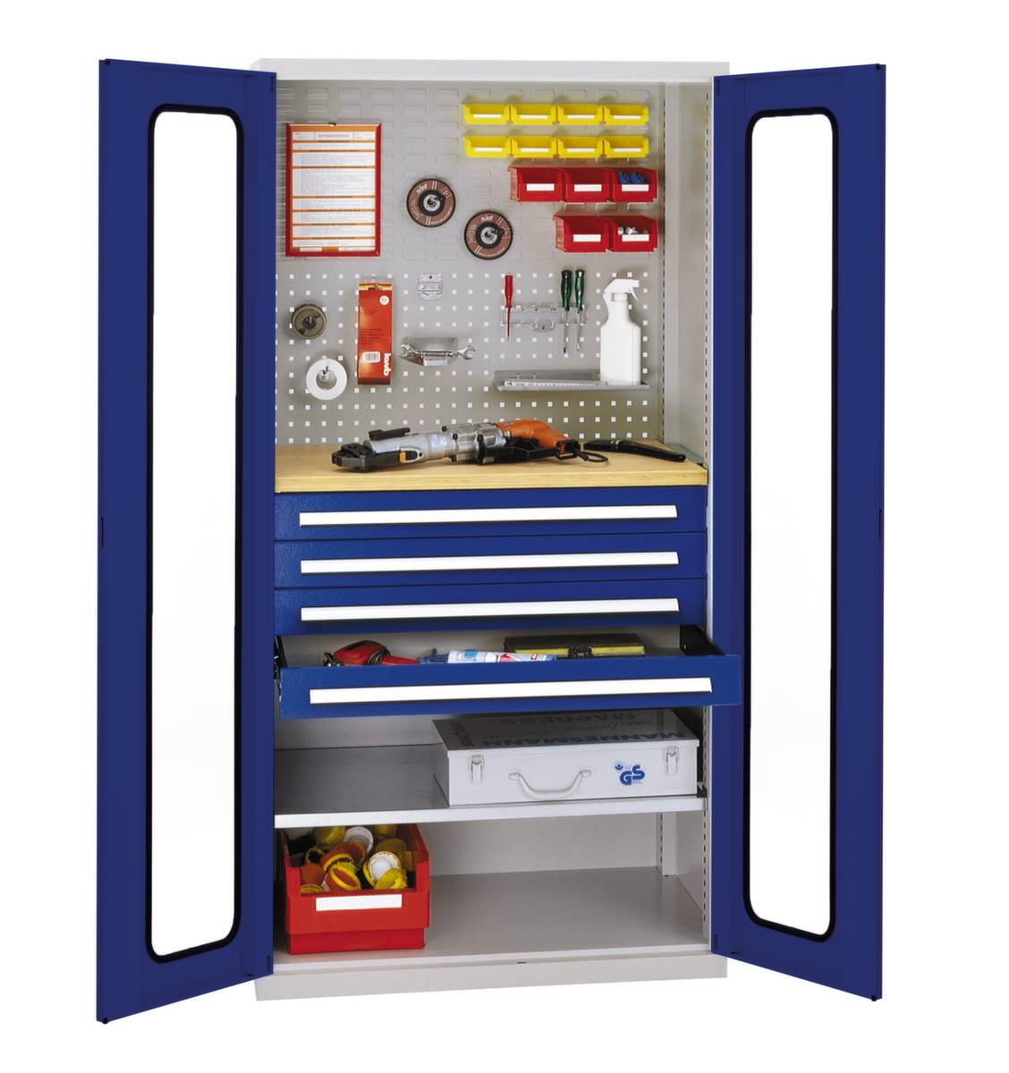 Werkstattschrank,HxBxT 1950x1000x600mm,1xStahlboden,4 Schublade(n),m. Werkbankplatte,Zyl.-Schl.,Sockel,Korpus RAL7035