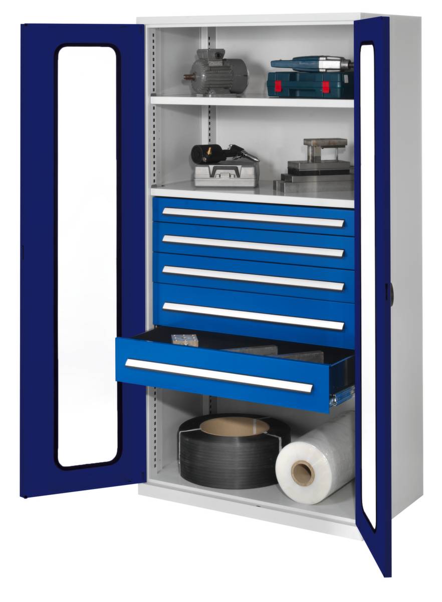 Systemschrank,HxBxT 1950x1000x600mm,2xStahlboden,5 Schublade(n),Zyl.-Schl.,Sockel,Korpus RAL7035,Front RAL5010