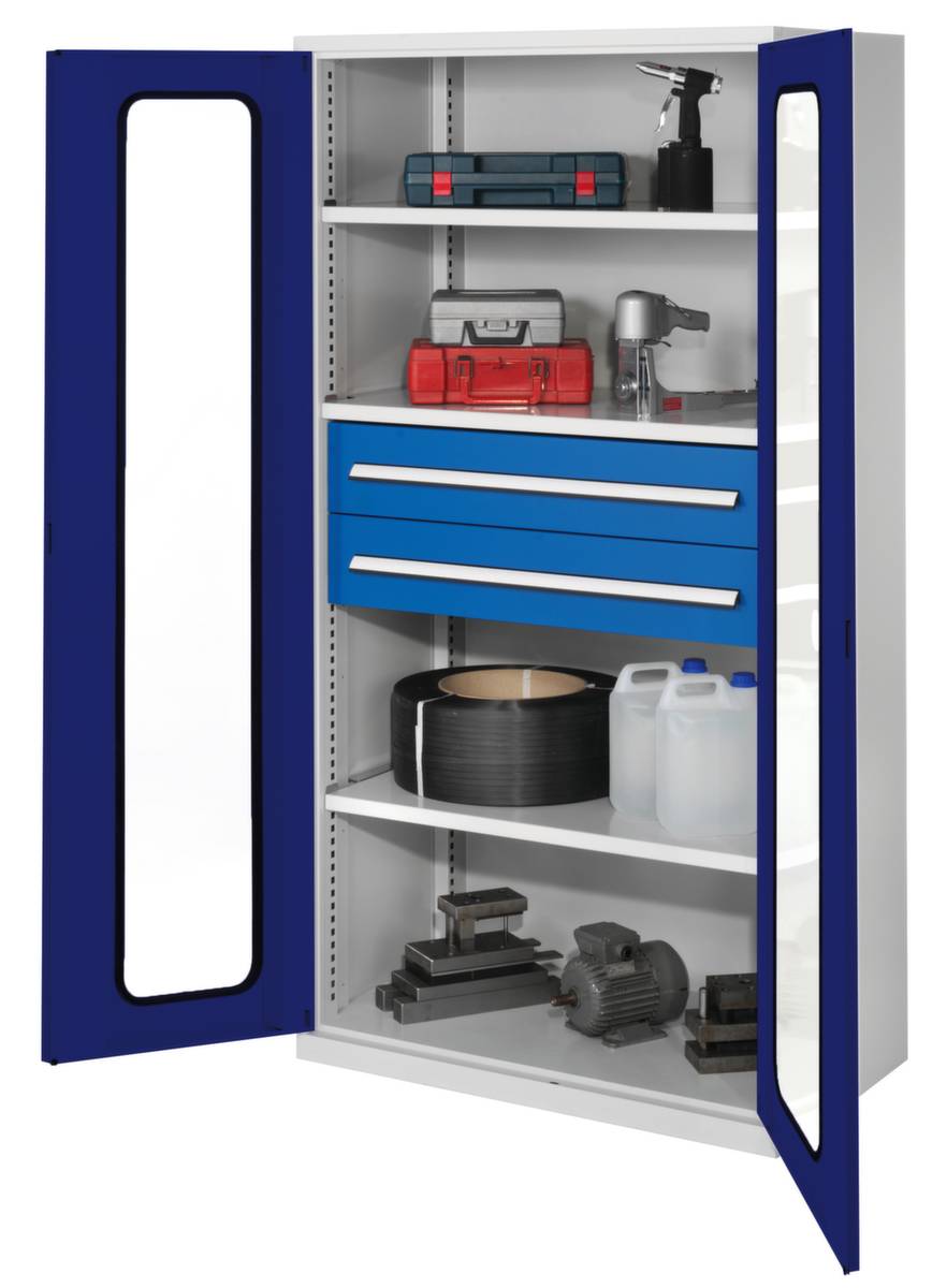 Systemschrank,HxBxT 1950x1000x600mm,3xStahlboden,2 Schublade(n),Zyl.-Schl.,Sockel,Korpus RAL7035,Front RAL5010