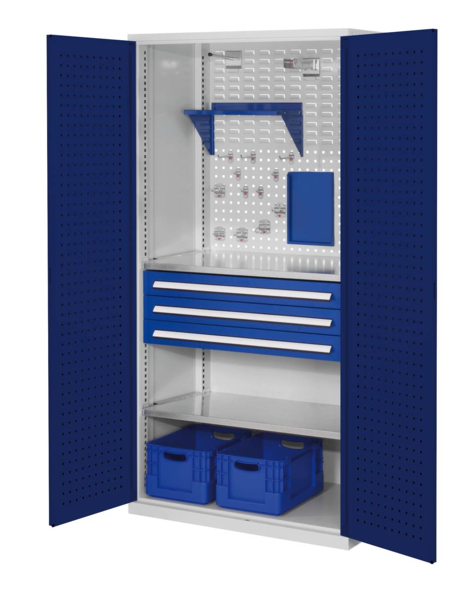 Werkstattschrank,HxBxT 1950x1000x600mm,2xStahlboden,3 Schublade(n),Zyl.-Schl.,Sockel,Korpus RAL7035,Front RAL5010