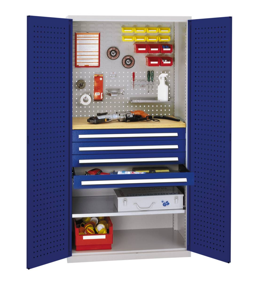 Werkstattschrank,HxBxT 1950x1000x600mm,1xStahlboden,4 Schublade(n),m. Werkbankplatte,Zyl.-Schl.,Sockel,Korpus RAL7035