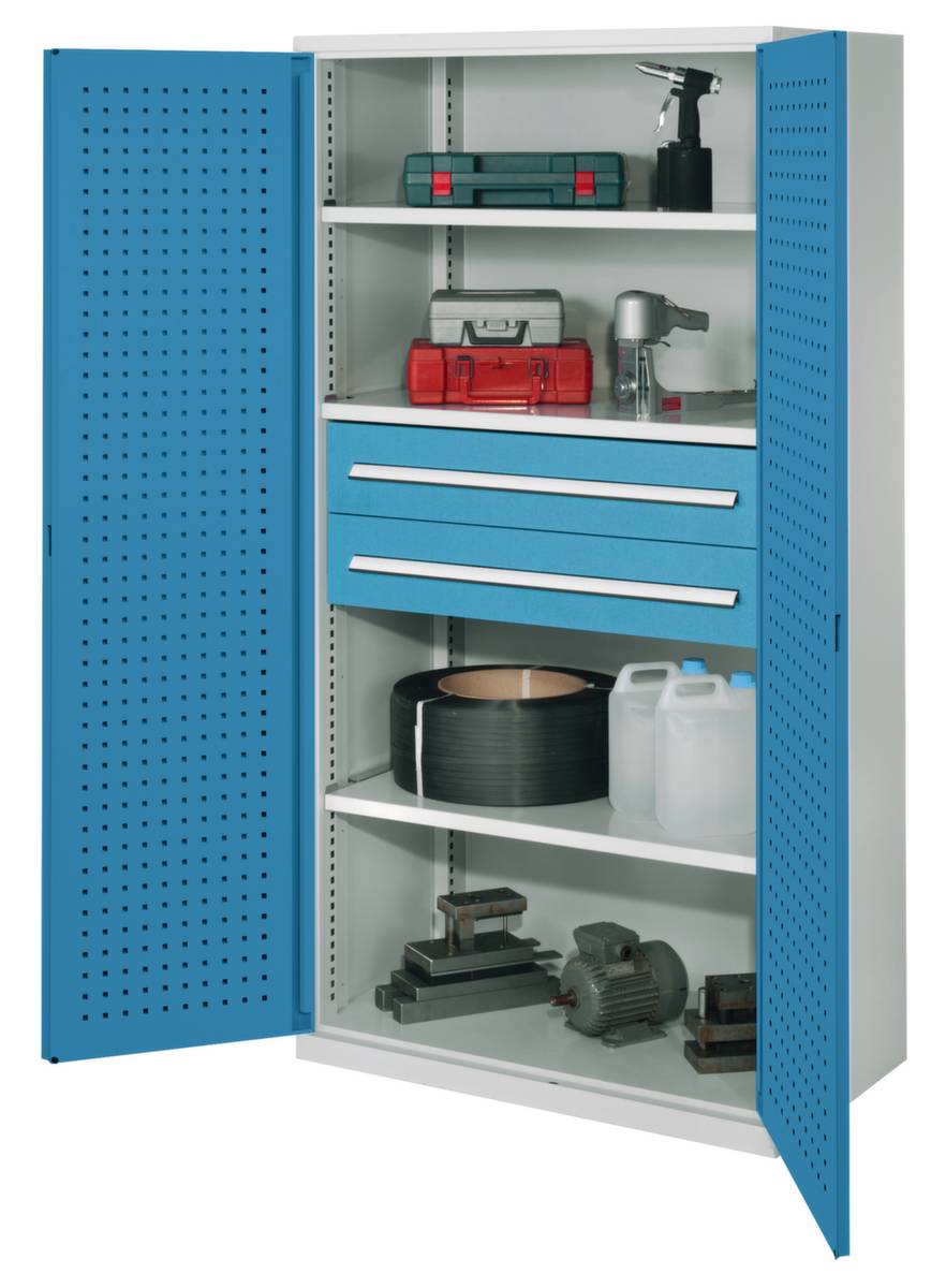 Schwerlast-Lochplattenschrank,HxBxT 1950x1000x600mm,3xStahlboden,2 Schublade(n),Zyl.-Schl.,Sockel,Korpus RAL7035