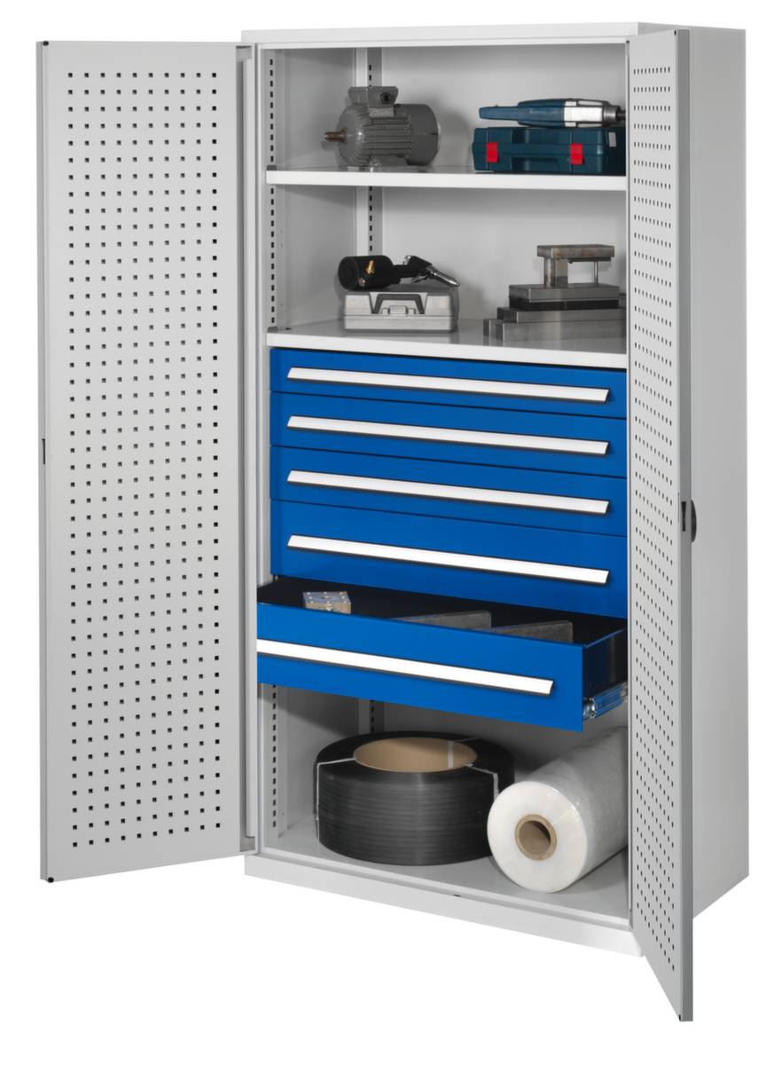 Schwerlast-Lochplattenschrank,HxBxT 1950x1000x600mm,2xStahlboden,5 Schublade(n),Zyl.-Schl.,Sockel,Korpus RAL7035