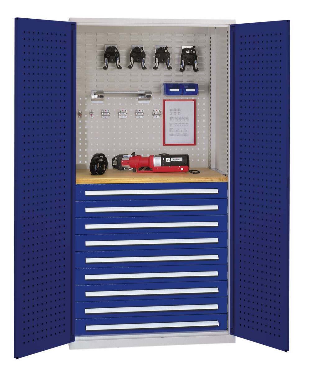 Werkstattschrank,HxBxT 1950x1000x600mm,0xStahlboden,9 Schublade(n),m. Werkbankplatte,Zyl.-Schl.,Sockel,Korpus RAL7035