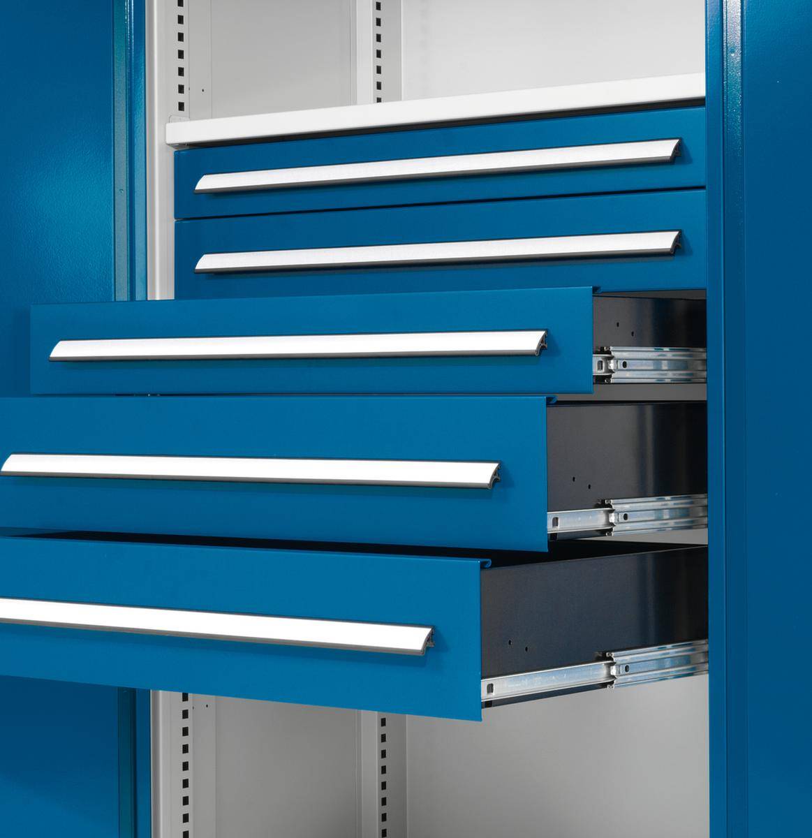 Werkstattschrank,HxBxT 1950x1000x600mm,2xStahlboden,4 Schublade(n),Zyl.-Schl.,Sockel,Korpus RAL7035,Front RAL5010