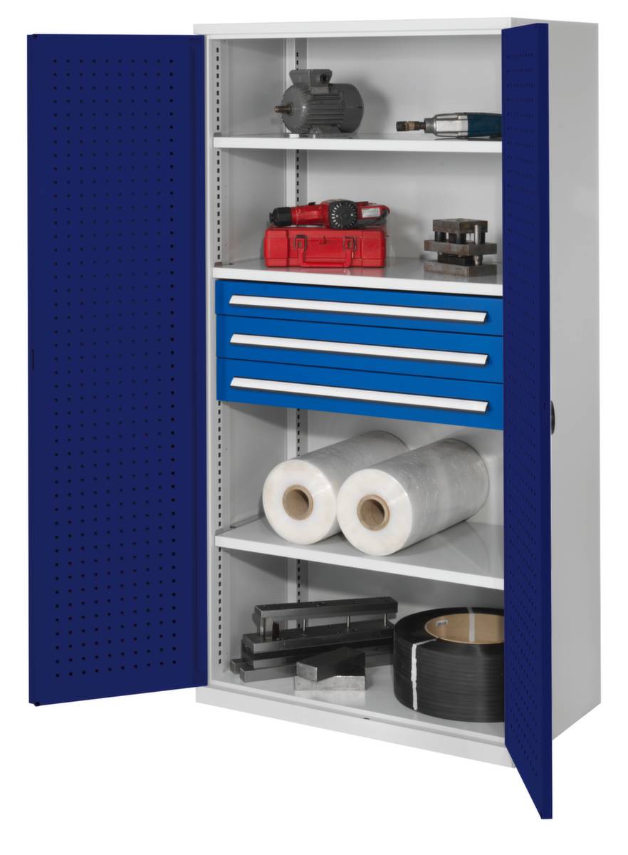 Schwerlast-Lochplattenschrank,HxBxT 1950x1000x600mm,3xStahlboden,3 Schublade(n),Zyl.-Schl.,Sockel,Korpus RAL7035
