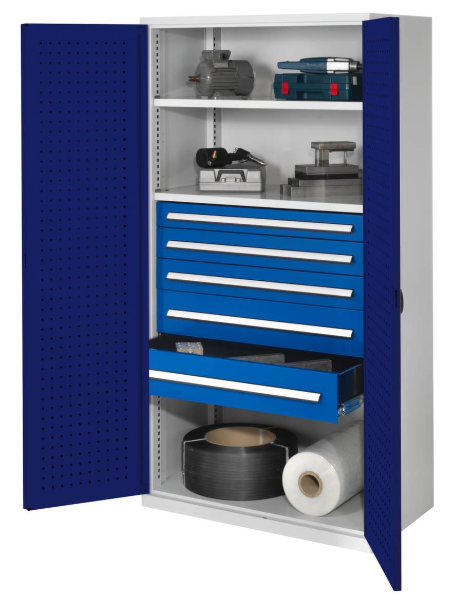 Schwerlast-Lochplattenschrank,HxBxT 1950x1000x600mm,2xStahlboden,5 Schublade(n),Zyl.-Schl.,Sockel,Korpus RAL7035