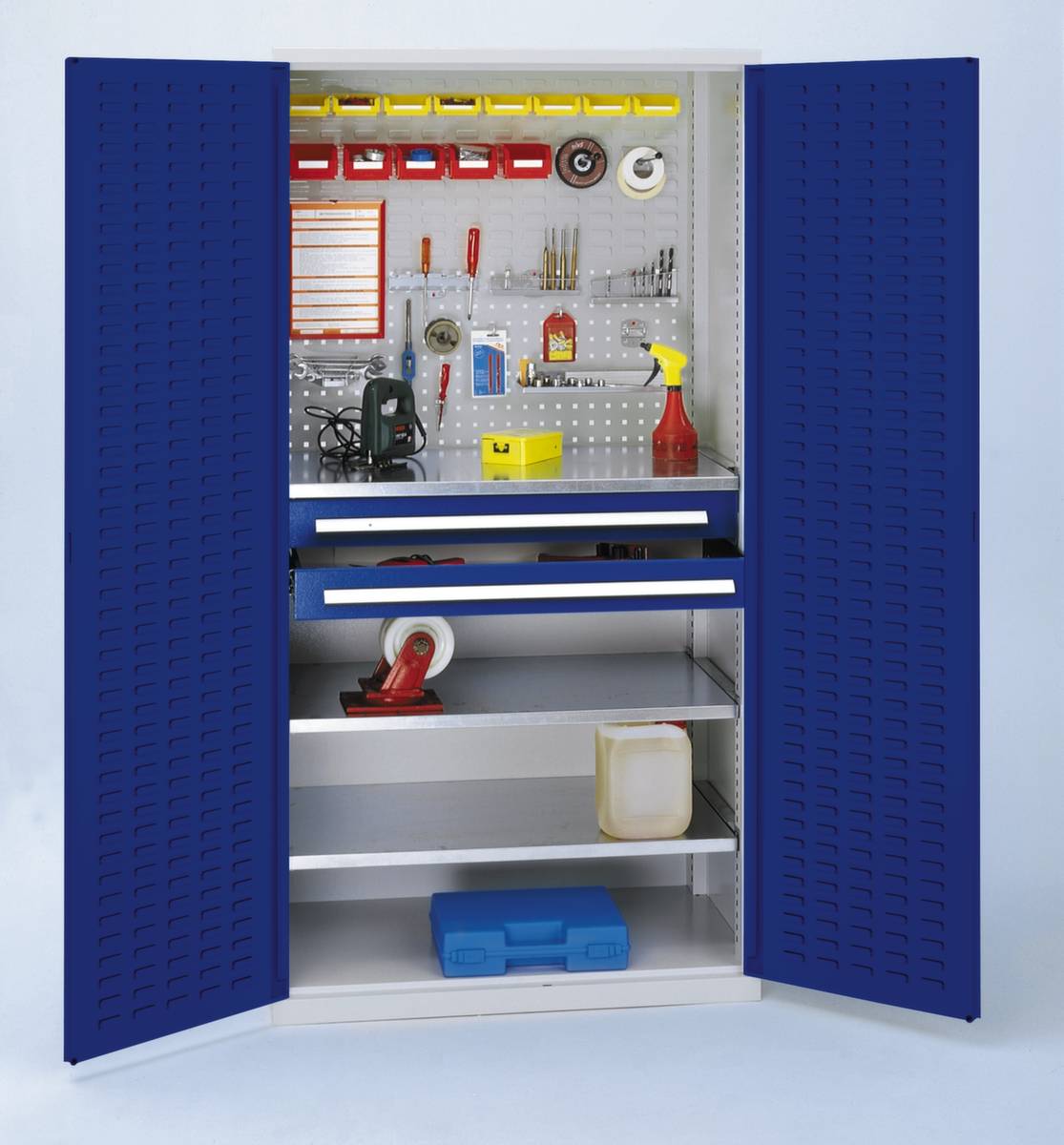 Schlitzplattenschrank,HxBxT 1950x1000x600mm,3xStahlboden,2 Schublade(n),Zyl.-Schl.,Sockel,Korpus RAL7035,Front RAL5010