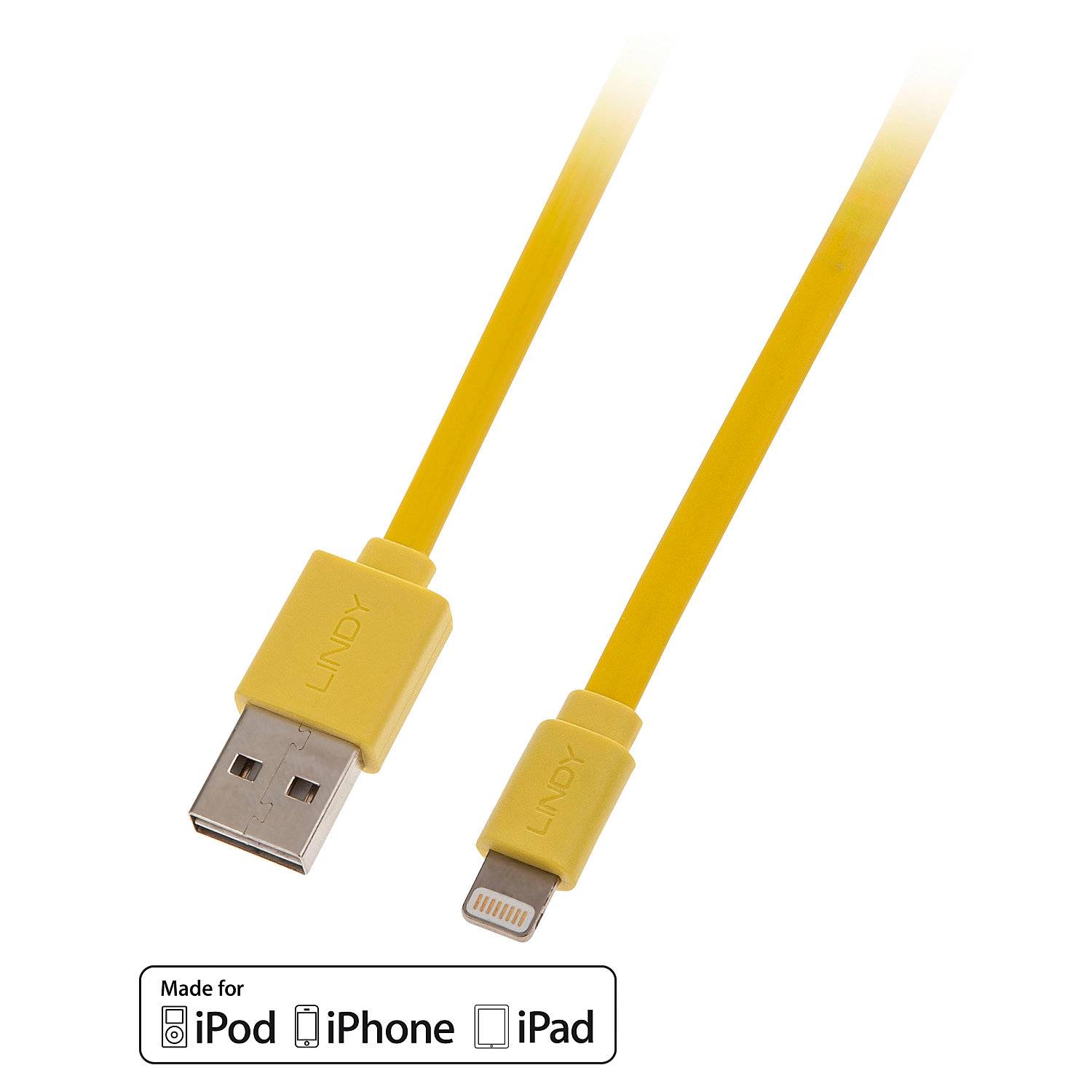 Lindy 31393 Reversibles USB an Lightning Flachbandkabel, gelb 1m