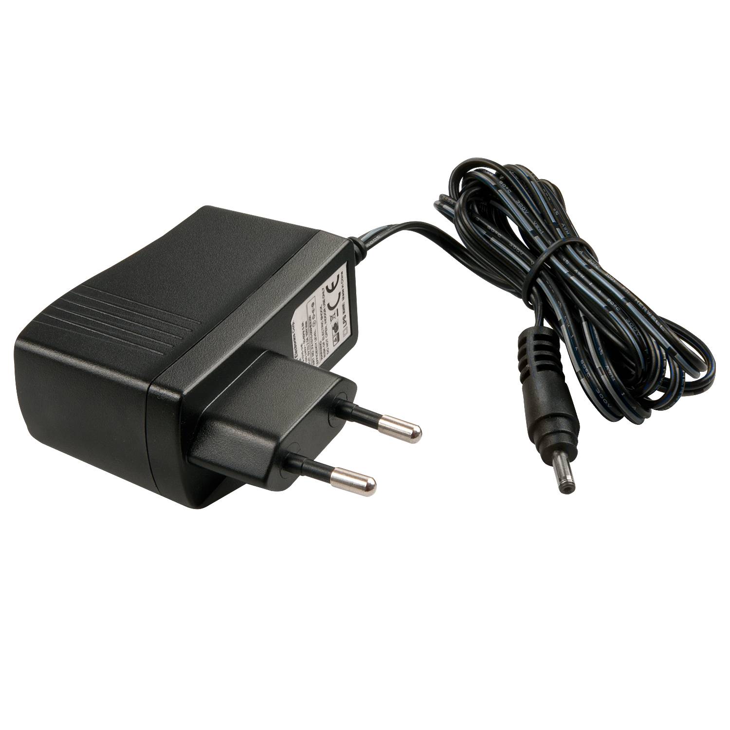 Schwarzes AC-Netzteil mit zwei runden Steckerkontakten und einem spiralförmigen Kabel mit Hohlstecker-Anschluss.