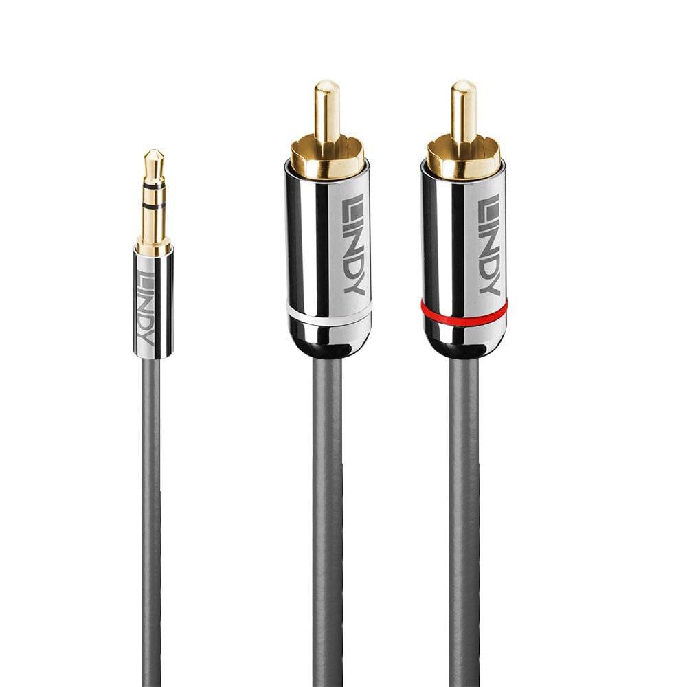 Drei Audiokabel mit Metallsteckern: eine 3,5-mm-Kopfhörerbuchse und zwei RCA-Stecker, einer mit einem roten Ring gekennzeichnet.