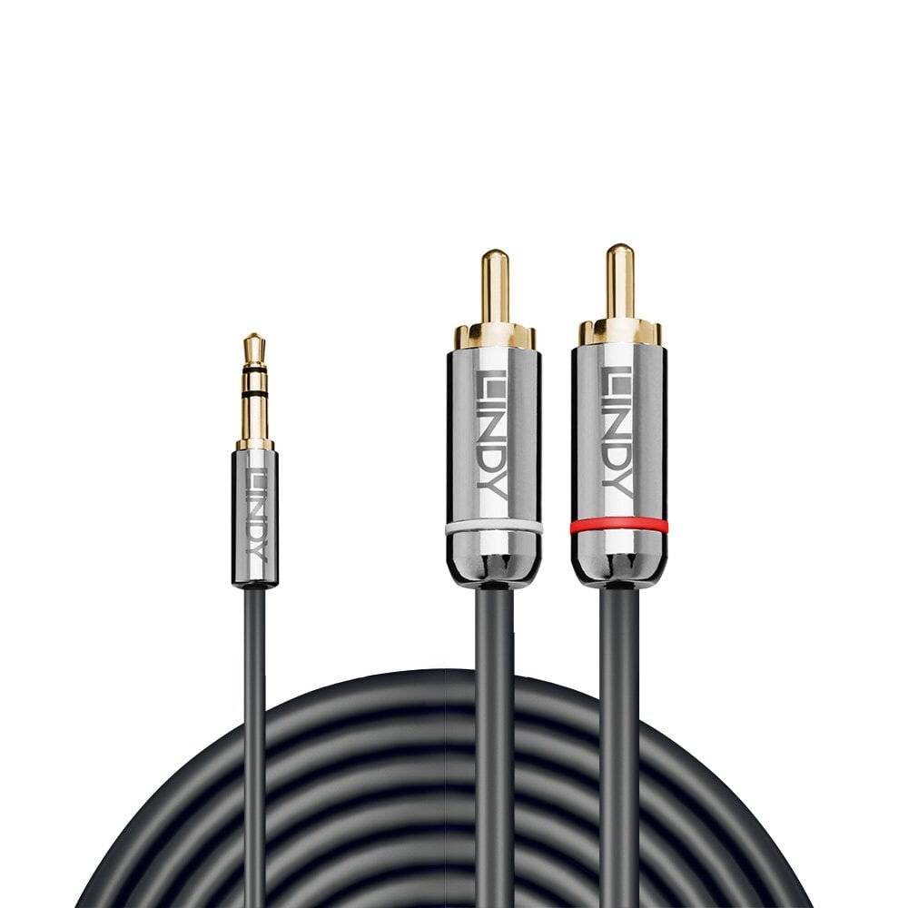 Drei Audiokabel mit 3,5-mm-Klinkenstecker und zwei RCA-Steckern, gekennzeichnet mit 