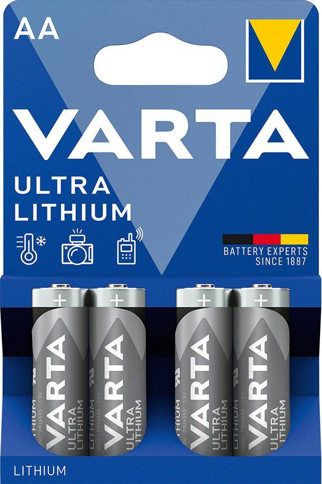 AA VARTA Ultra Lithium AA-Batterien Packung, zeigt vier Batterien und „Battery Experts Since 1887