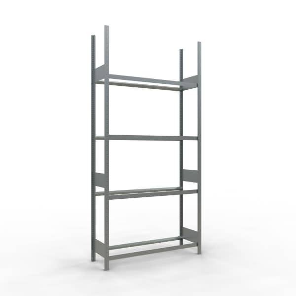 Graue Metalllagerschrank-Einheit mit vier verstellbaren Regalen auf weißem Hintergrund.