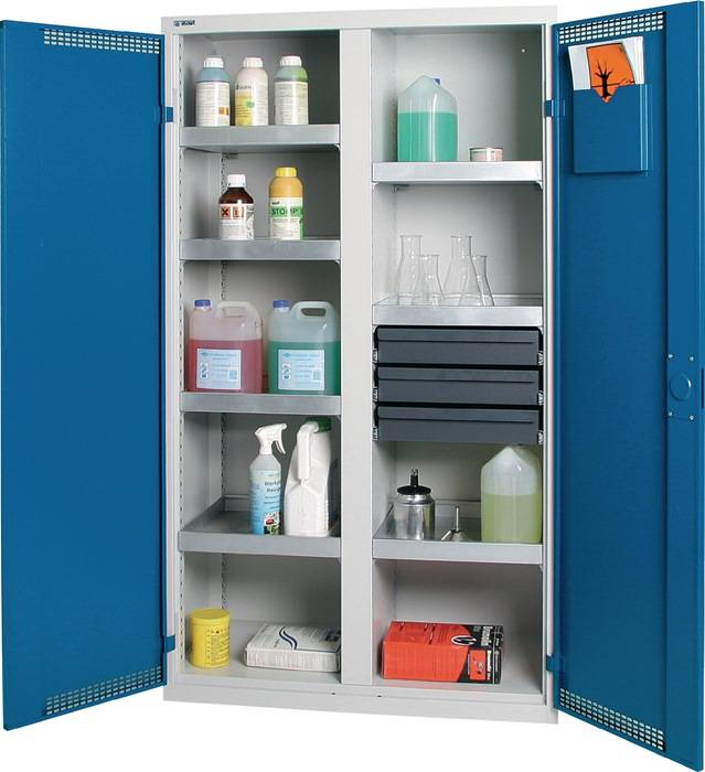 Umweltschrank H1800xB1000xT500mm grau/blau m.Belüftung 7 Wannen,22l u.3 Schubl.