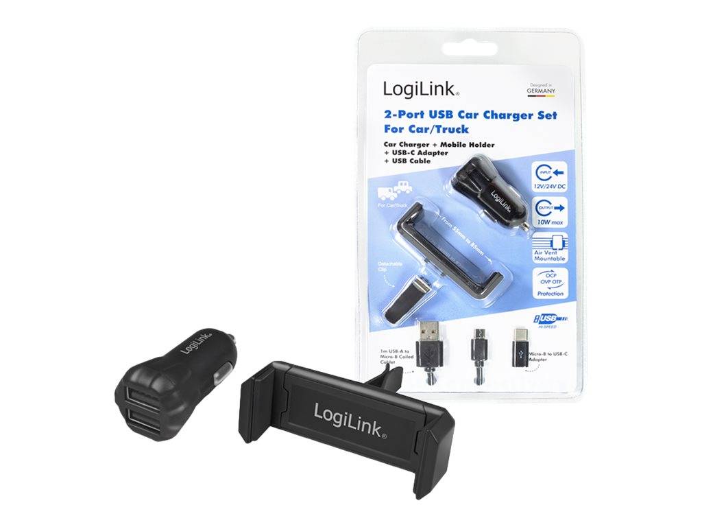 LogiLink 2-Port-USB-Autoladegerät-Set mit Handyhalter und USB-Adapter, gezeigt in der Verpackung und neben den schwarzen Komponenten.