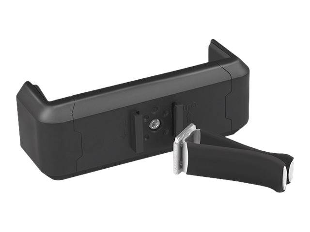 Schwarze verstellbare Smartphone- oder Tablet-Halterung mit Klemmarm auf weißem Hintergrund.
