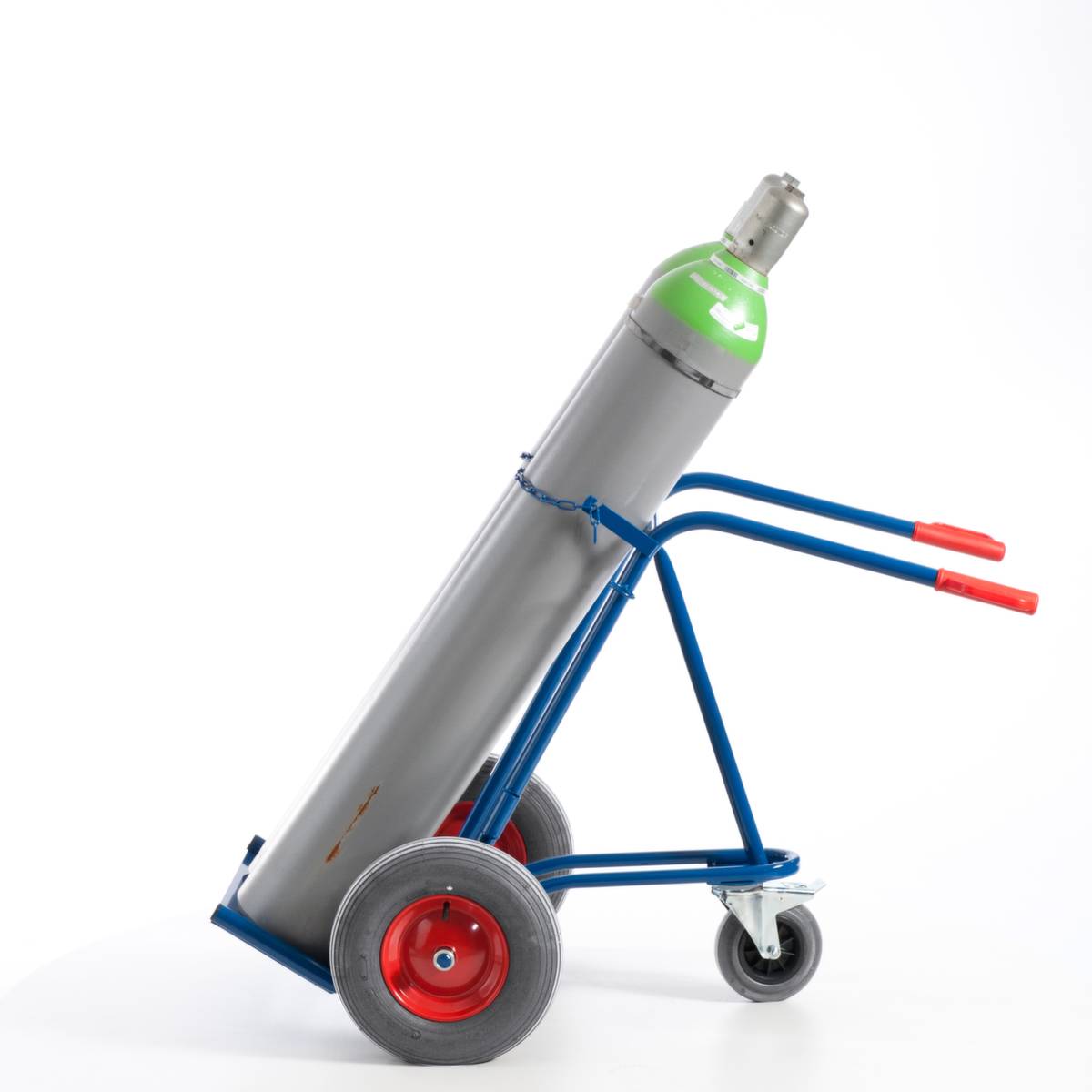 Flaschenkarre,Tragl. 200kg,2x40/50l Flasche,m. Kette,RAL5010,Luft-Bereifung